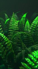 Fototapeta premium Close-up of lush green ferns with dew drops in a dark, misty environment, perfect for mobile phone wallpaper
