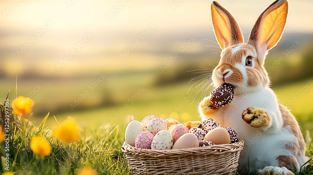 Poster charming easter bunny with chocolate treats surrounded by colorful eggs in a field : generative ai
