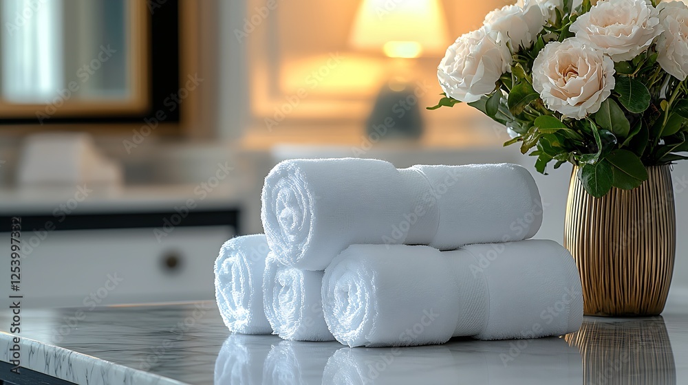 Poster elegant stack of white towels on a marble counter with a bouquet of roses in the background : genera