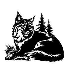 black and white lynx vector with forest scene, detailed wild cat in natural environment