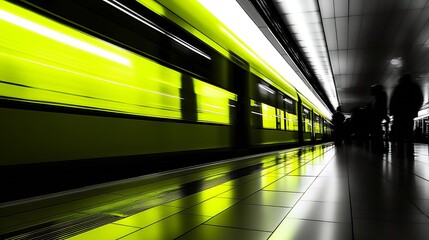 Dynamic motion blur of a bright yellow subway train moving quickly in a modern underground station : Generative AI