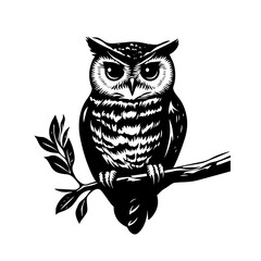 vintage style owl sitting on tree branch – hand drawn black and white vector