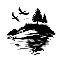 small island with trees, flying birds and water reflection – black and white vector landscape