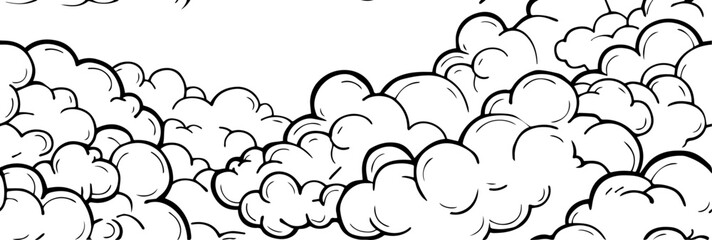 hand drawn vector border of fluffy cartoon clouds in black and white horizontal composition