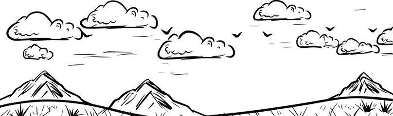 black and white mountain vector landscape with clouds and birds in sketch style
