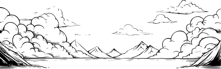 vector landscape with lake, mountains and clouds in sketch style, black and white scene