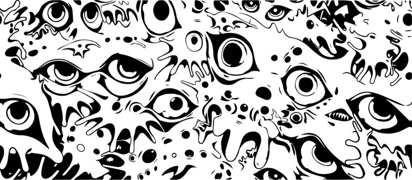 black and white seamless vector of abstract dripping eyes in surreal chaotic pattern