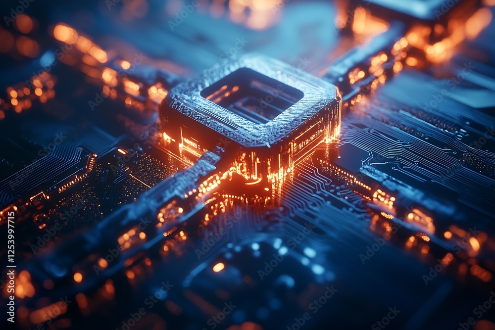 Poster Intricate close-up of a glowing circuit board with luminous connections resembling a futuristic technology landscape : Generative AI