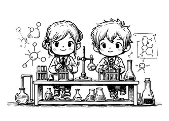 children in chemistry lab with test tubes black and white vector