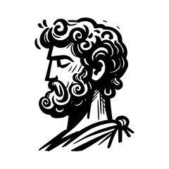 classical philosopher head vector in black and white engraving style, inspired by greek sculpture
