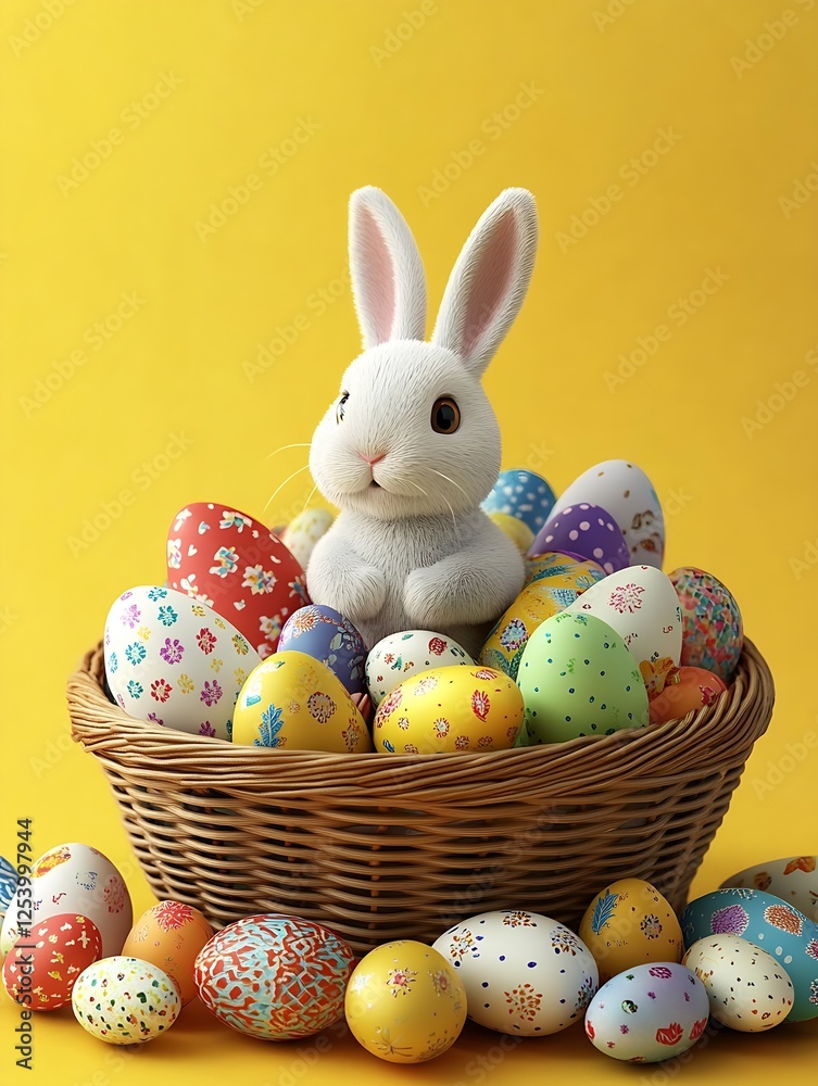 Poster cute fluffy rabbit sitting in a basket surrounded by colorful decorative easter eggs on a bright yel