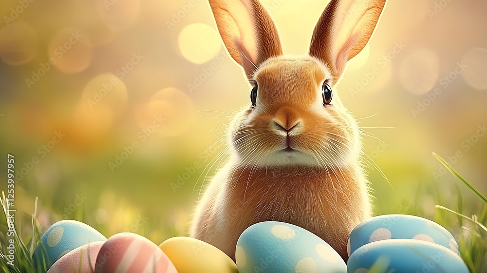 Poster adorable fluffy bunny surrounded by colorful easter eggs in a vibrant spring meadow setting : genera