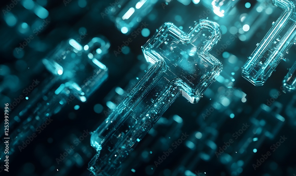 Poster a futuristic abstract image showing multiple glowing keys in a digital network