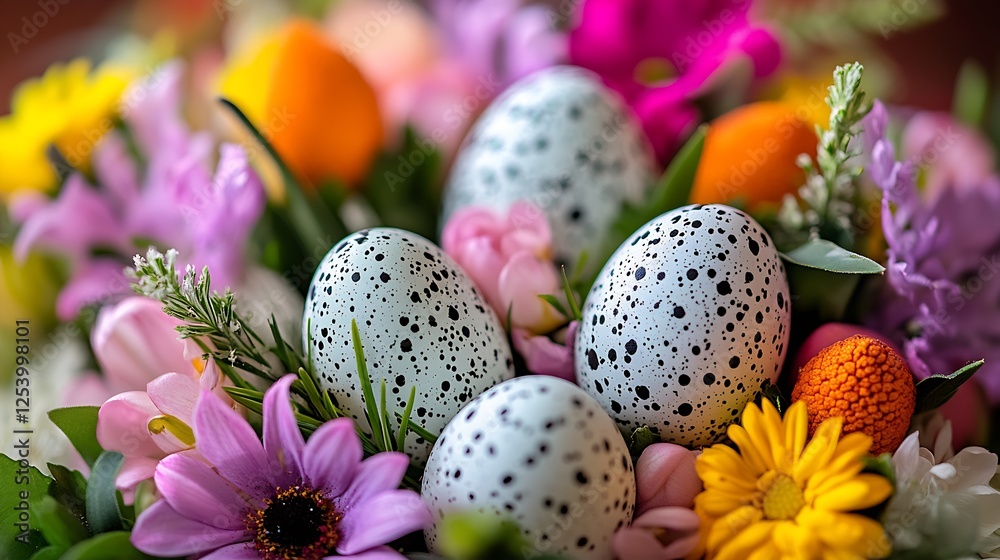 Aufkleber Charming easter eggs decorated in speckled design surrounded by a lush array of colorful flowers : Generative AI