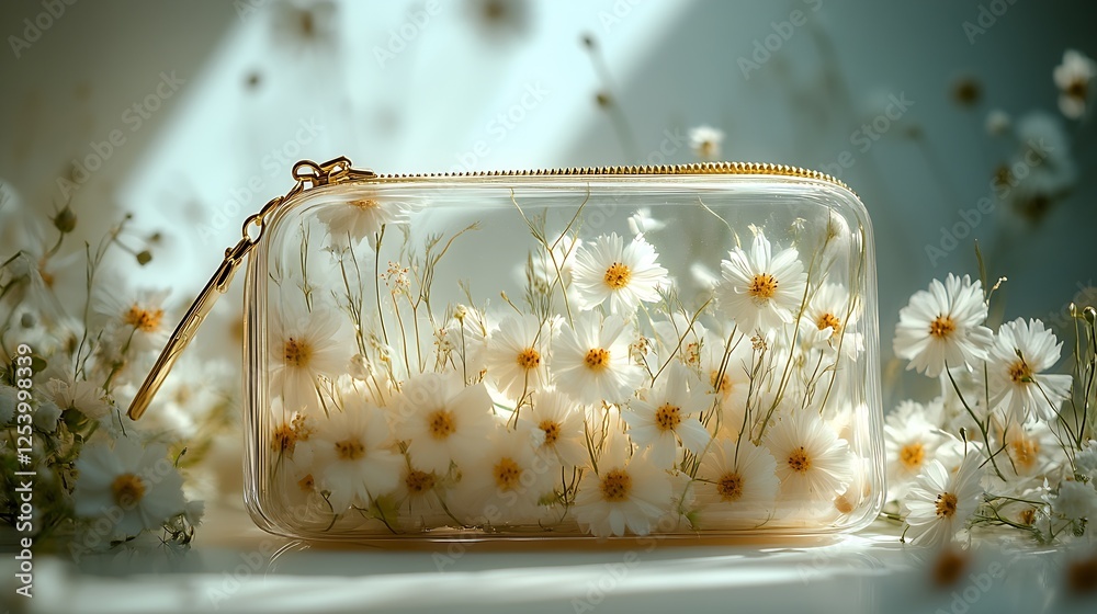Aufkleber beautiful transparent pouch filled with delicate white flowers illuminated by soft natural light in 