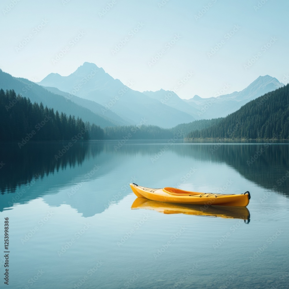 Poster lone kayak floats serenely on a calm mountain lake surrounded by breathtaking peaks at dawn. generat