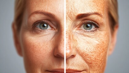 Before and after comparison of youthful skin and aged skin showcasing wrinkles and skin texture differences : Generative AI
