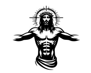 Vector of muscular Jesus with crown of thorns and halo
