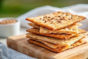 Fototapeta premium Delicious seeded crackers stacked neatly on a wooden board natural light highlighting texture food photography side angle culinary art
