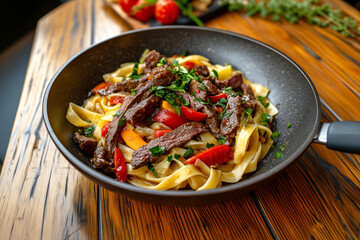 Fettuccine Pasta with Grilled Steak, Bell Peppers, and Fresh Herbs in Pan