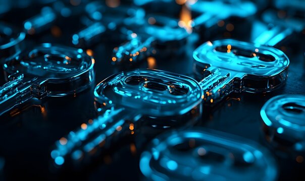 Close-up view of multiple translucent blue keys arranged on a dark reflective surface
