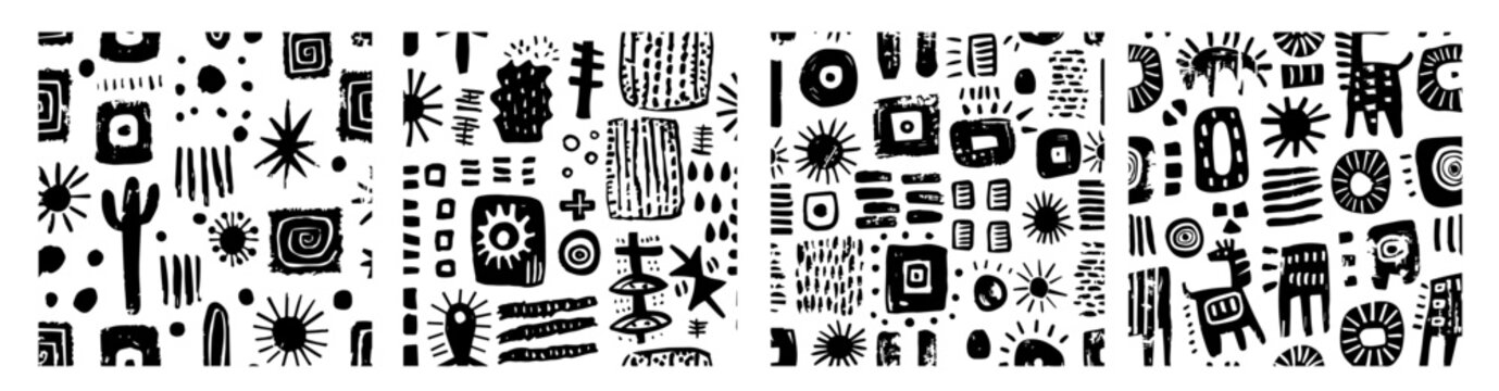 black and white vector illustration of abstract primitive shapes and tribal-inspired symbols, perfect for artistic and creative designs