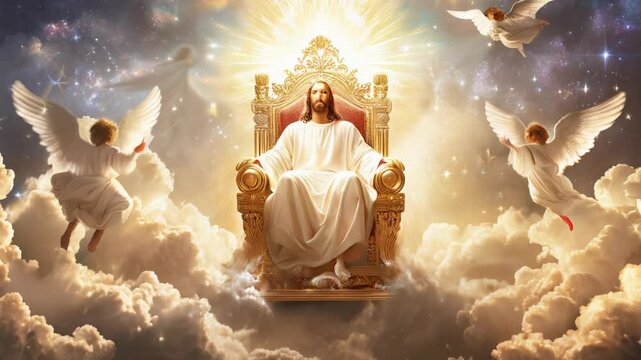 Jesus Christ majestic golden throne of god in heaven in the sky surrounded white clouds and divine light. Second coming of Jesus Christ.