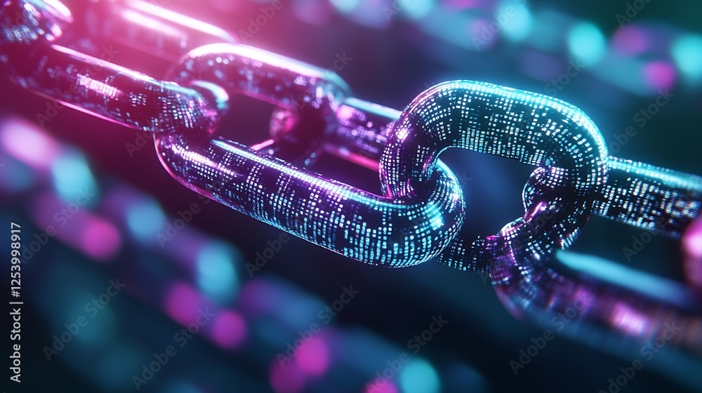 Aufkleber futuristic glowing digital chain link with bright neon colors in a dark background : generative ai