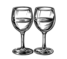 two wine glasses in hand drawn vintage engraving style – romantic sketch vector