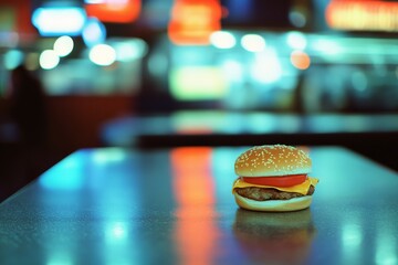 A singular cheeseburger sits atop a table, illuminated by colorful city lights in the background, embodying the allure of fast food in urban nightlife.