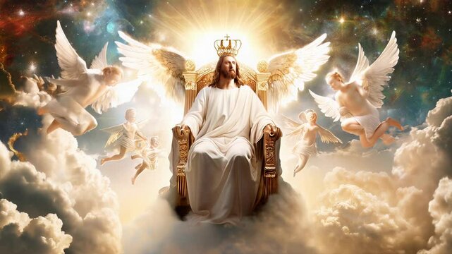 Jesus Christ majestic golden throne of god in heaven in the sky surrounded white clouds and divine light. Second coming of Jesus Christ.