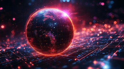 A neon futuristic globe wrapped in digital motion lines symbolizing advanced connectivity