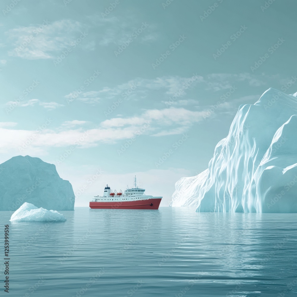 Aufkleber Vessel navigating through calm waters surrounded by towering icebergs in a remote polar region. Generative AI