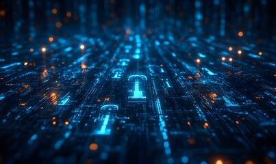 Abstract Digital Data Stream with Blue Circuitry and Orange Light Particles