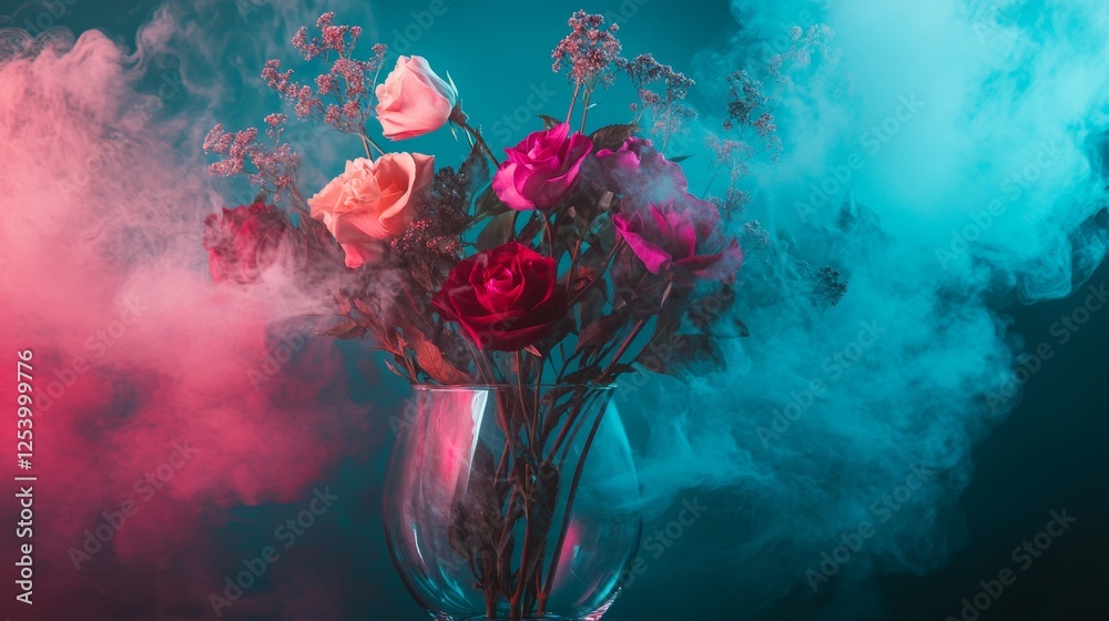 Canvas Prints Moody vase of roses surrounded by colorful smoke