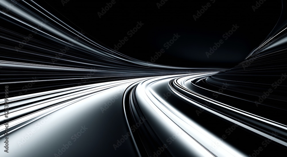 Aufkleber Dynamic abstract image of a fast-moving pathway with glowing lines on a dark background : Generative AI