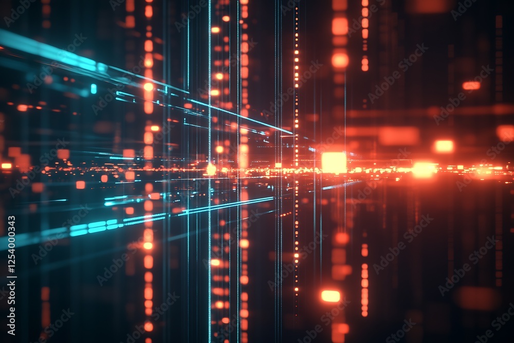 Fototapete Futuristic abstract representation of digital data with glowing lines and particles in a vibrant blue and red hue : Generative AI