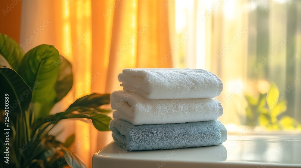 Poster Neatly Stacked Towels in a Bright and Cozy Setting with Natural Light Enhancing the Atmosphere : Generative AI
