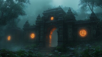 Ancient stone gateway with eerie glowing symbols surrounded by mist at midnight