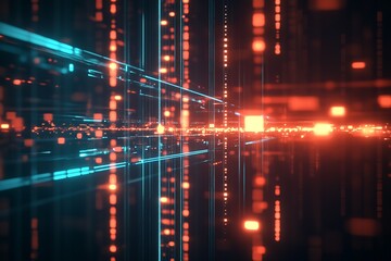 Naklejka premium Futuristic abstract representation of digital data with glowing lines and particles in a vibrant blue and red hue : Generative AI