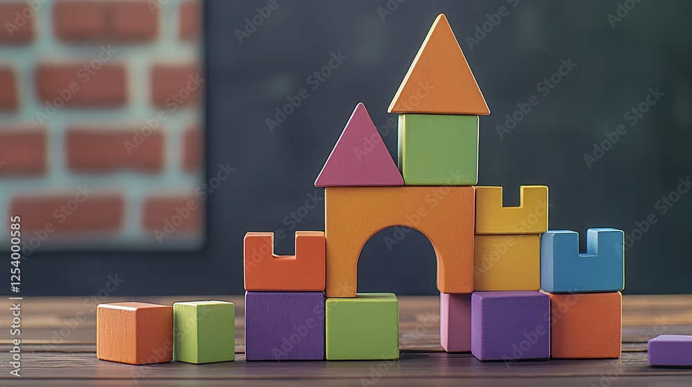 Aufkleber Charming wooden blocks built into a unique castle shape with vibrant colors on a tabletop background : Generative AI