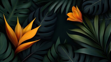 A vibrant arrangement of tropical leaves and a striking orange flower creates a rich, natural backdrop, Ideal for designs related to nature, wellness, or summer themes