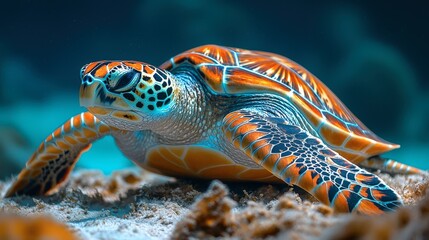 Fototapeta premium Vibrant Sea Turtle with Intricate Shell Pattern Rests on Sandy Ocean Floor