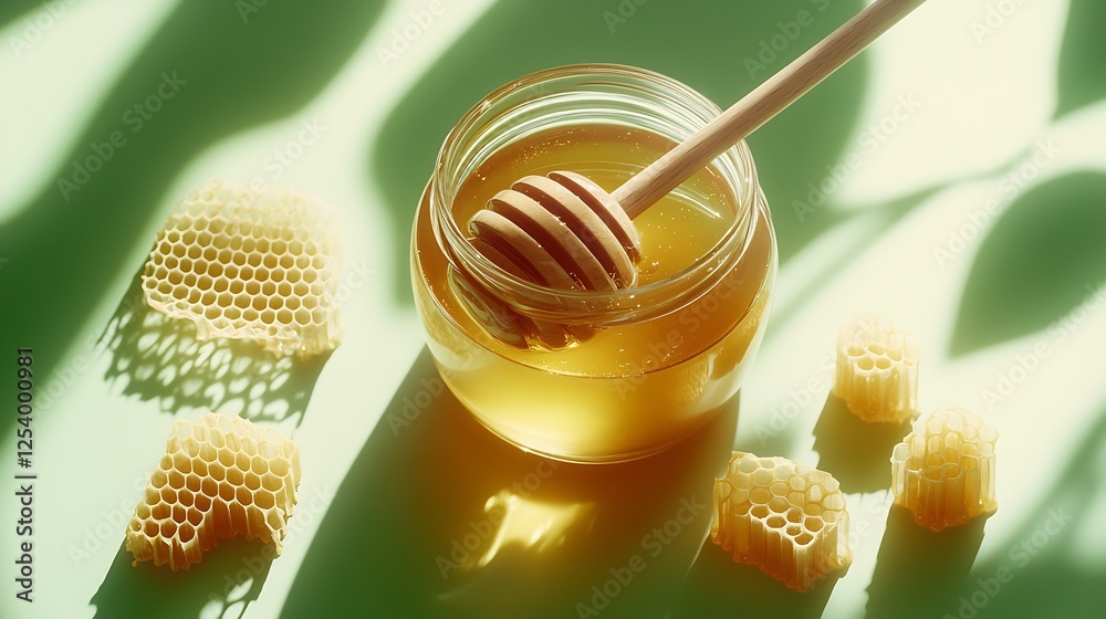 Poster delicious honey in a glass jar with honeycomb and a wooden dipper on a green background : generative