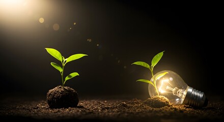 energy sources, Sustainable development, and responsible environment, Energy sources for renewable, Ecology concept, small plant inside the light blub, copy space