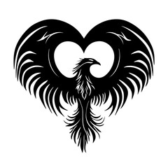 stylized phoenix forming a heart shape, bold tribal black and white vector perfect for tattoos or symbols
