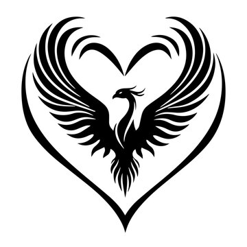 vector illustration of a phoenix bird with spread wings inside a heart shape, symbolizing rebirth, strength, and love, ideal for tattoos and symbolic designs