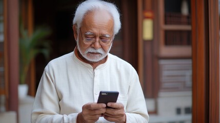 Obraz premium An 81-year-old South Asian man focuses on his smartphone, embracing new technology and learning