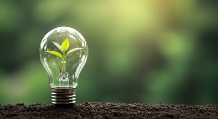 energy sources, Sustainable development, and responsible environment, Energy sources for renewable, Ecology concept, small plant inside the light blub, copy space