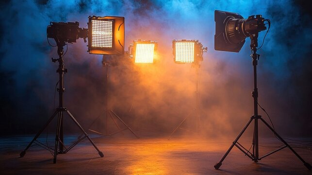 Studio lighting setup, smoky background, film production